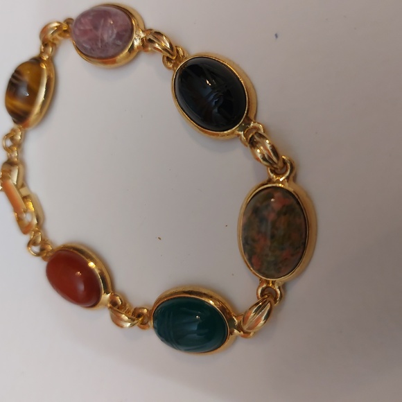 Multi Stones Scarab Bracelet Gold Tone Links Semiprecious Gems - Picture 3 of 9